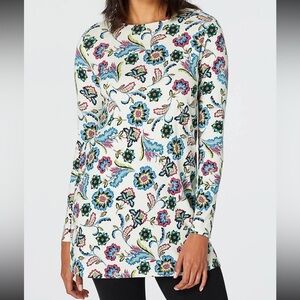 [L] J. Jill Perfect 100% Pima Cotton Cream Chinoiserie Garden Tunic Floral Print